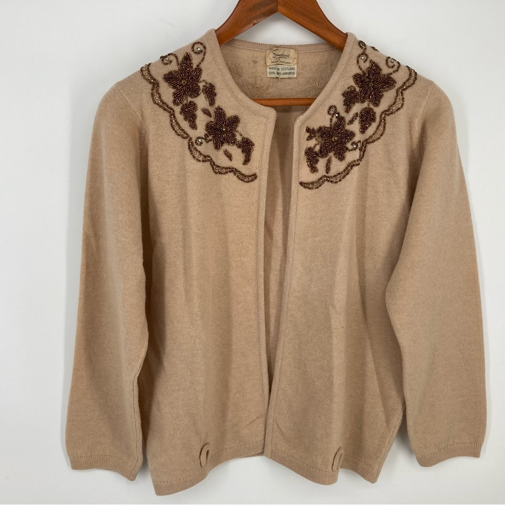 Vtg Simpson's Sweater Cardigan Womens Sz M/L 100% Lambswool Beige Floral Beading